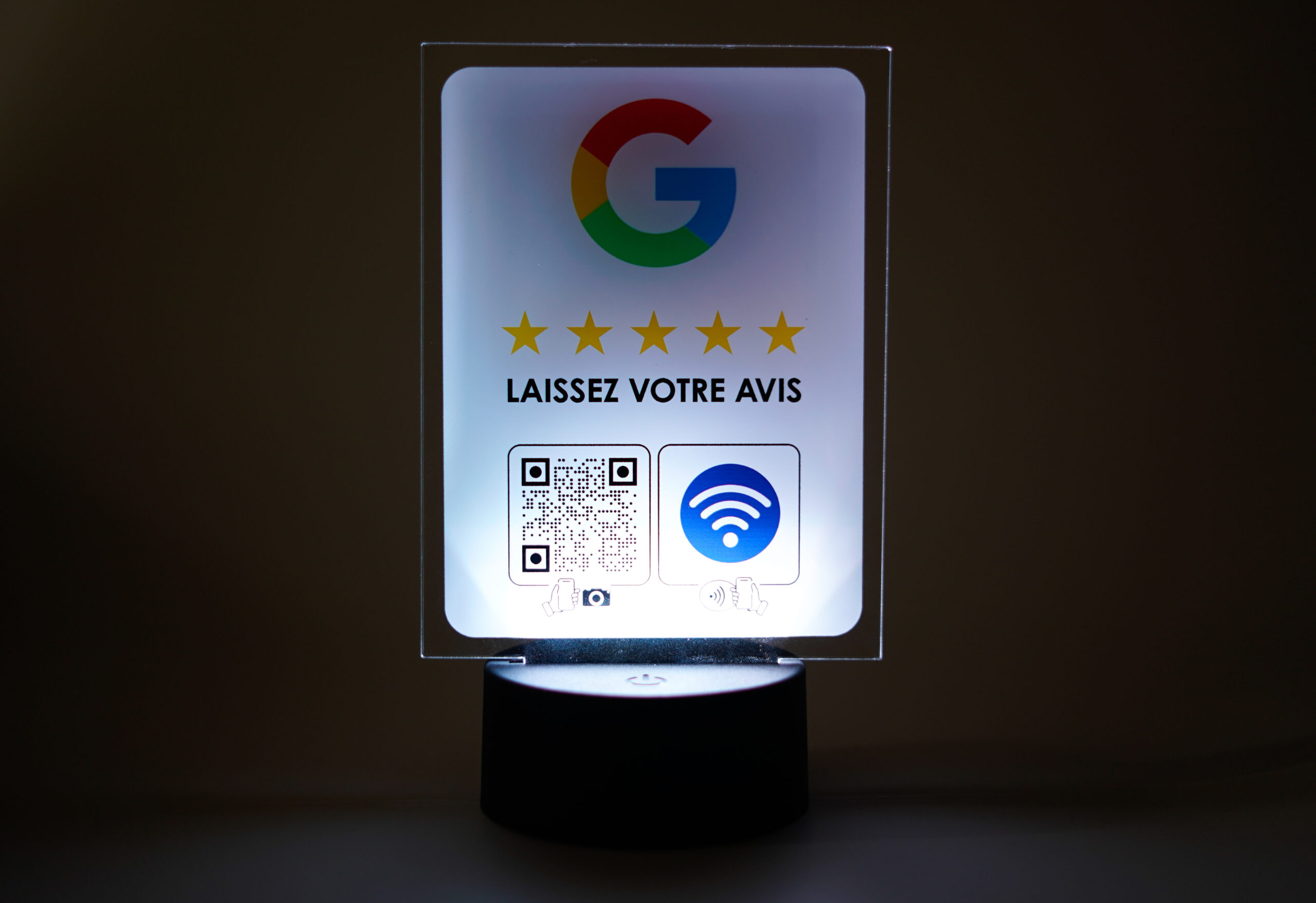 Support led pour les avis google vue de face