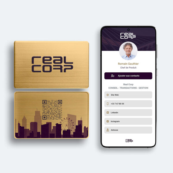Carte REAL CORP en métal doré avec profil numérique