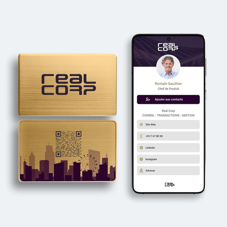 Carte REAL CORP en métal doré avec profil numérique