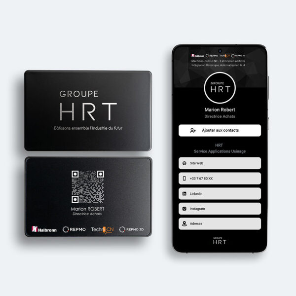 Carte de visite HRT en métal mat noir avec QR code