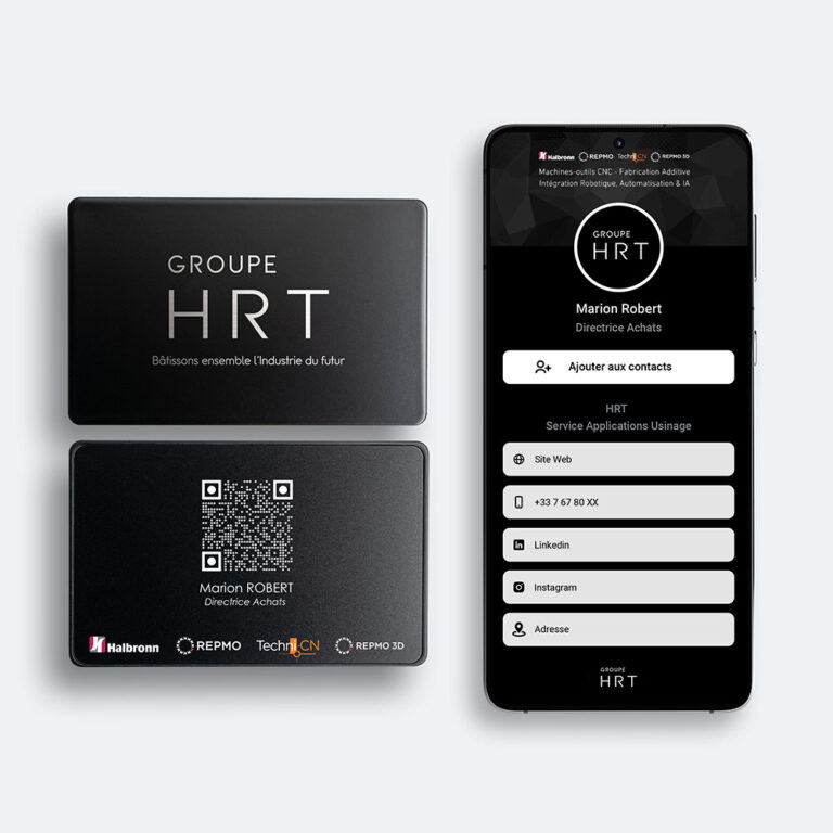 Carte de visite HRT en métal mat noir avec QR code