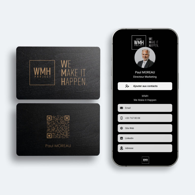 Carte de visite WMH en bois noir avec QR code