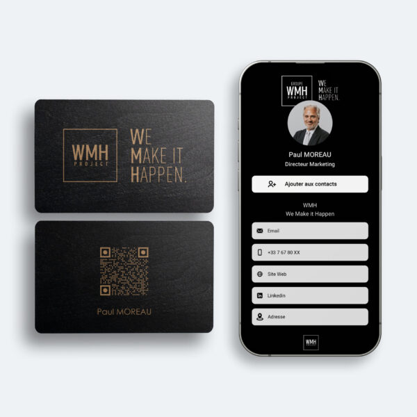 Carte de visite WMH en bois noir avec QR code