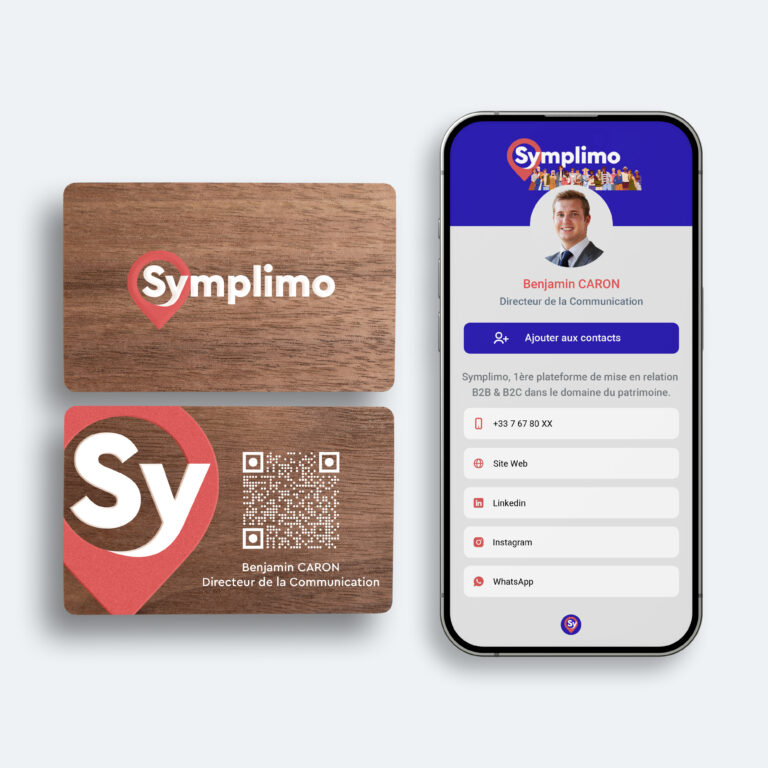 Carte de visite Symplimo en bois de noyer avec QR code
