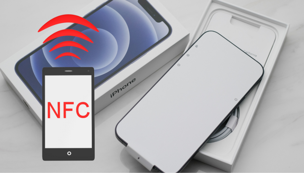 photo d'iphone sa boite et d'un logo nfc