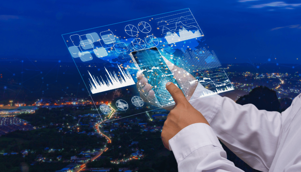 homme qui appuie sur un smartphone et des datas fictives en sortent